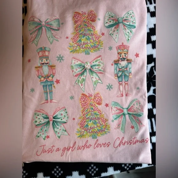 Gildan Pink Long Sleeve Tee with Festive Print - Picture 2 of 3